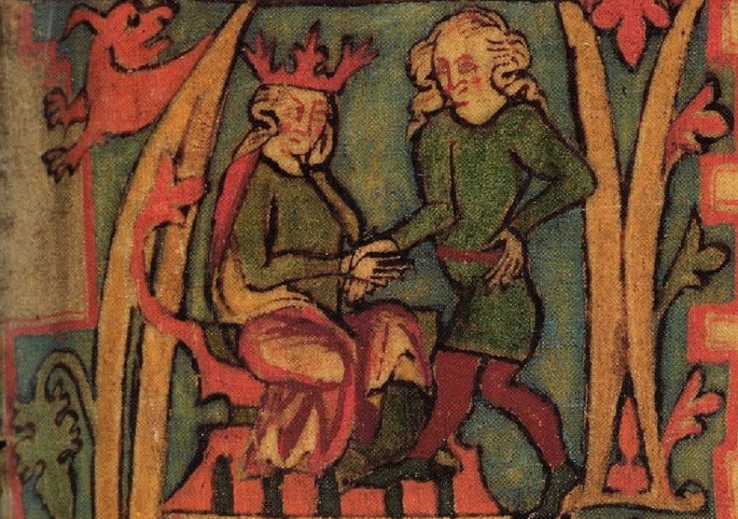 Tegning av to som håndhilser fra før vikingtida