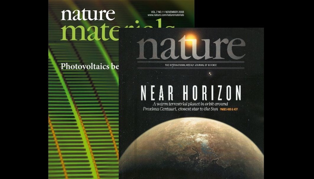 Illustrasjon av flere utgaver av tidsskriftet Nature