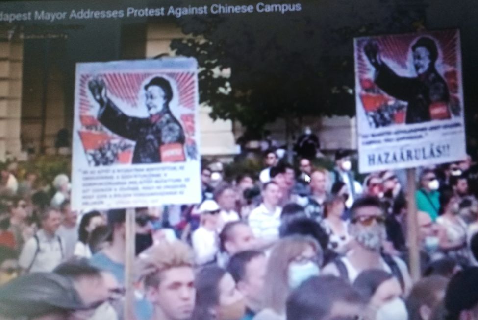 Mange folk ber plakatar og demonstrerer